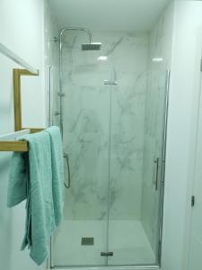 a shower with a glass door in a bathroom at Habitación con entrada independiente in Vigo