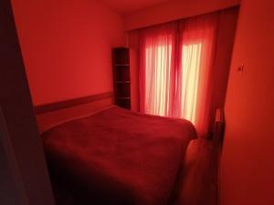 a red room with a bed and a window at Bakuriani apartament in Bakuriani