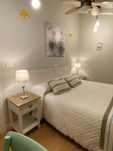 a bedroom with a bed and a table and a ceiling fan at Agroturismo Ibarra in Amorebieta-Etxano