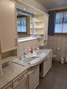 W łazience znajduje się umywalka i lustro. w obiekcie Fewo Perlseeblick w mieście Waldmünchen