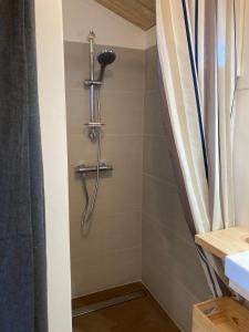 łazienka z prysznicem z zasłoną prysznicową w obiekcie l'Observatoire de l'Aérogrange w mieście Biscarrosse