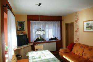 een woonkamer met een bank en een televisie bij Ferienwohnung Splitek in Kurort Altenberg