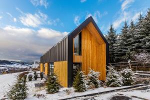 drewniany dom w śniegu z drzewami w obiekcie Bukowina Tatrzańska -Czarna Góra- Black Apart- piękny widok na Tatry w Bukowinie Tatrzańskiej