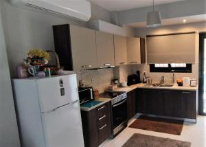 a kitchen with a white refrigerator and brown cabinets at ΜΑΝΑΒΙΚΑ in Tríkala
