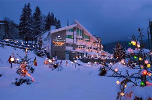 a building covered in christmas lights in the snow at Hotel Alexandros Busteni in Buşteni