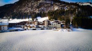 Hotel Alpina Wellness & Spa Resort في كوسن: منتجع في الجبال مع ثلج على الارض