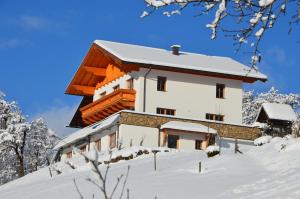 a house on a snow covered hill with snow at Ferienwohnung Bognerhof in Sankt Veit im Pongau