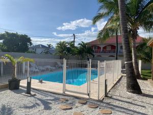 a fence next to a swimming pool with palm trees at LE NID TROPICAL, Piscine chauffée in Étang-Salé les Bains