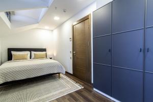 1 dormitorio con armarios azules y 1 cama con alfombra en Sleek Residence Flat With Great Location in Sisli, en Estambul