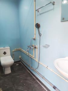 un baño con inodoro y lavabo en Casa fiesta Sea front beach huts, en Patnem