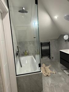 a bathroom with a tub with a glass shower at 2 Bedroom Penthouse Apartment in London