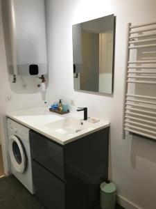 Un baño con lavabo y lavadora. en Design studio terrace and beach LIVE IN MARLYNE, en Cannes