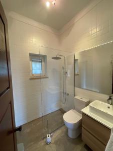 ein Bad mit einer Dusche, einem WC und einem Waschbecken in der Unterkunft Foz - Sea View Cottage in Foz do Arelho
