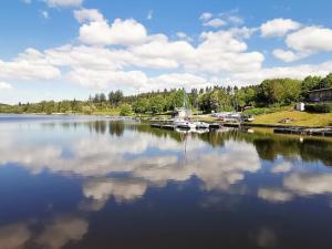 vistas a un lago con barcos en el agua en Wellnester Tiny Houses and Retro-Caravan by the lake in Losheim am See en Losheim