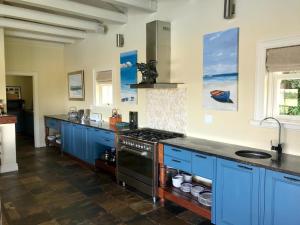 a kitchen with blue cabinets and a stove at The Boathouse at Oakhurst Olives in Tulbagh