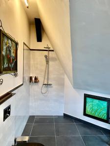 y baño con ducha y lavamanos. en Patrimonium Welness Apartments, en Tiszaszentimre