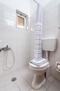 a white bathroom with a toilet and a shower at Filia Apartments in Pitsidia