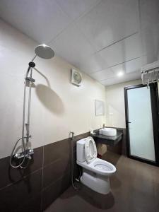 a bathroom with a toilet and a shower and a mirror at Tam Coc Full House Homestay in Ninh Binh