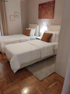 two beds in a room with a mirror at Central & Comfortable, 70m² Apt in Neos Kosmos in Athens