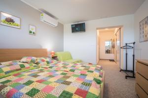 1 dormitorio con 1 cama con colcha colorida en Penzion ENO, en Kelčany