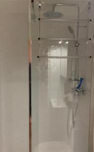 W łazience znajduje się prysznic ze szklanymi drzwiami. w obiekcie Le relais appartement aux charmes authentiques WIFI w mieście Périgueux