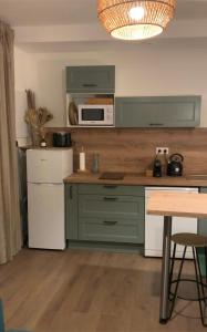una cucina con armadi verdi e forno a microonde bianco di Le relais appartement aux charmes authentiques WIFI a Périgueux