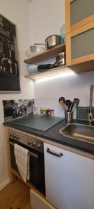 Una pequeña cocina con estufa y fregadero. en 3 Schlafzimmer &Wohnküche, en Oberhausen