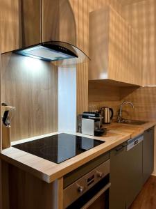 a kitchen with a sink and a stove top oven at Le Saumaise : Centre historique in Dijon