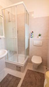 a bathroom with a shower and a toilet and a sink at Small-comfy Guest House in Donaustadt garden - Not SHARED! in Vienna
