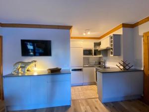 a kitchen with white cabinets and a dog statue on a counter at Big Tartiflat, Arc 1950, 2 bed ski-in ski-out in Bourg-Saint-Maurice