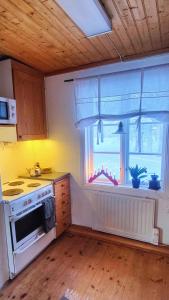 a kitchen with a stove and a window at Gårdshus in Lit