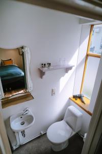 a bathroom with a toilet and a sink at Hotel Aldan - The Post Office in Seyðisfjörður