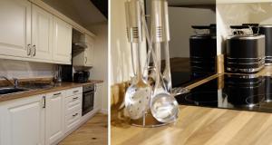 a kitchen with two vases on top of a counter at Mid Wales Holiday Lets, Rhayader in Rhayader