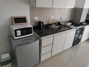 una pequeña cocina con microondas y fregadero en Puerto Madryn Temporarios en Puerto Madryn