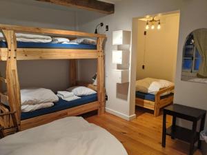 a bedroom with two bunk beds and a mirror at Auberge de jeunesse du Domaine à Liguori in Petite-Rivière-Saint-François +46 photos