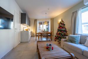 a living room with a christmas tree and a couch at Ardn-bnb Bike n Bed in La-Roche-en-Ardenne