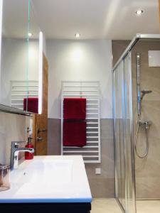 a bathroom with a sink and a shower with red towels at Bio Schartenhof in Sankt Johann im Pongau