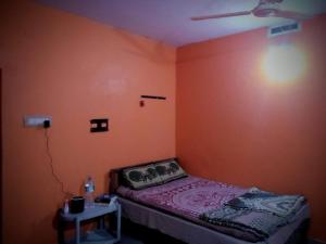 Schlafzimmer mit einem Bett und einem Deckenventilator in der Unterkunft Kamanabillu Homestay, For jog falls travellers in Siddāpur