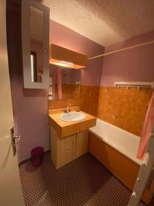uma casa de banho com um lavatório e uma banheira em Laye Station - Appartement pieds des pistes em Laye