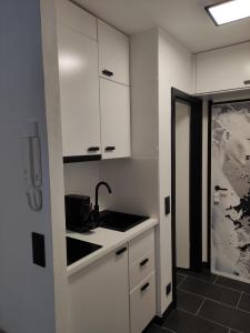 a kitchen with white cabinets and a sink at Black & White Apartment in Saarbrücken