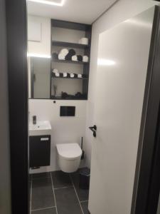 a bathroom with a white toilet and a sink at Black & White Apartment in Saarbrücken