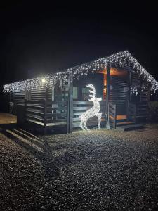 une sculpture légère de Noël devant une maison la nuit dans l'établissement Cheerful 3-bedroom cabin with hot tub, à King's Lynn