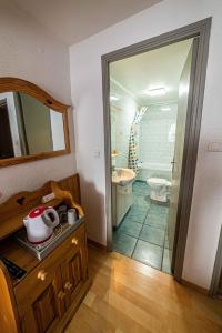 a bathroom with a shower and a toilet and a sink at Hotel La Source in La Foux