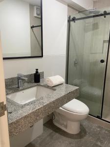 ein Bad mit einem WC, einem Waschbecken und einer Dusche in der Unterkunft Amazing 2BR in Barranco in Lima