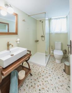 uma casa de banho com um lavatório, um chuveiro e um WC. em Magnificent Loft Athens Voula em Atenas