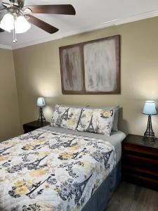 1 dormitorio con 1 cama y ventilador de techo en Trinity One Apartments - Country Luxury, en Jackson