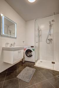 ein weißes Bad mit einer Waschmaschine und einer Dusche in der Unterkunft Carin Deluxe I in Wien