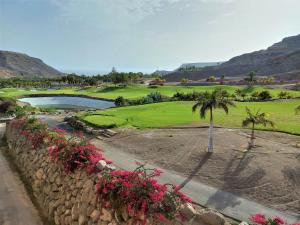 um campo de golfe com uma palmeira e um lago em Villa Happiness - Luxury chalet with sea view em Las Palmas de Gran Canaria