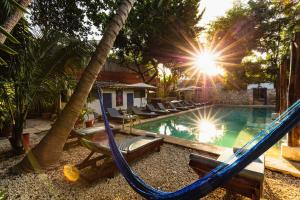 a swimming pool with a slide and a swing at Che Nomadas Mérida Adults Only in Mérida