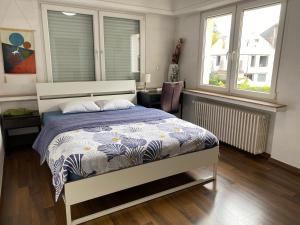 1 dormitorio con 1 cama y 2 ventanas en Apartment CHEZ TONY, en Strassen
